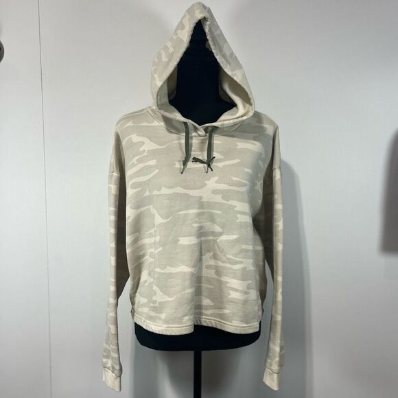 Puma Camo Cropped Hoodie Sweatshirt Sz Large Tan Cream Camouflage Khaki - Picture 1 of 16
